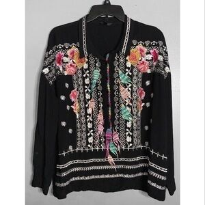 Floryday Black Multicolored Embroidered Long Sleeve Button Down Shirt Large